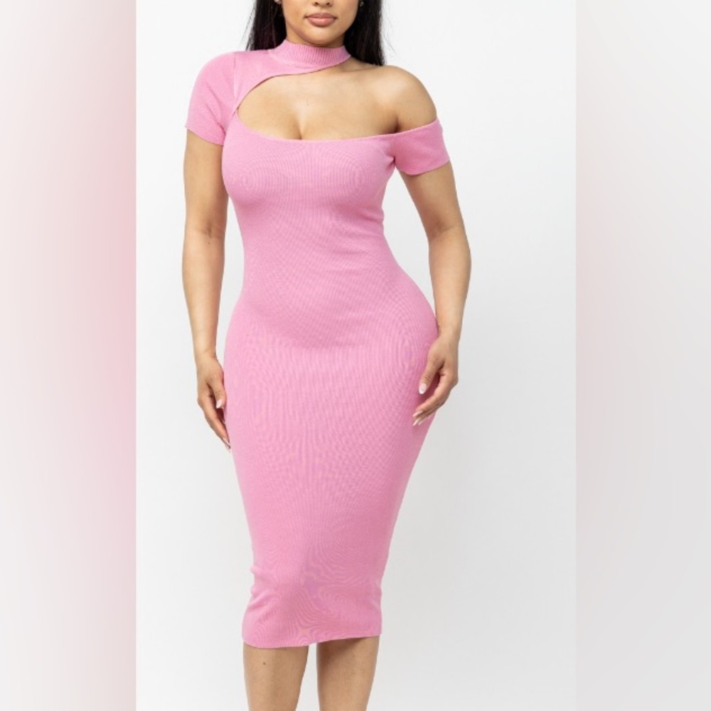 Pink or Black One Shoulder Short Sleeve Midi Dress